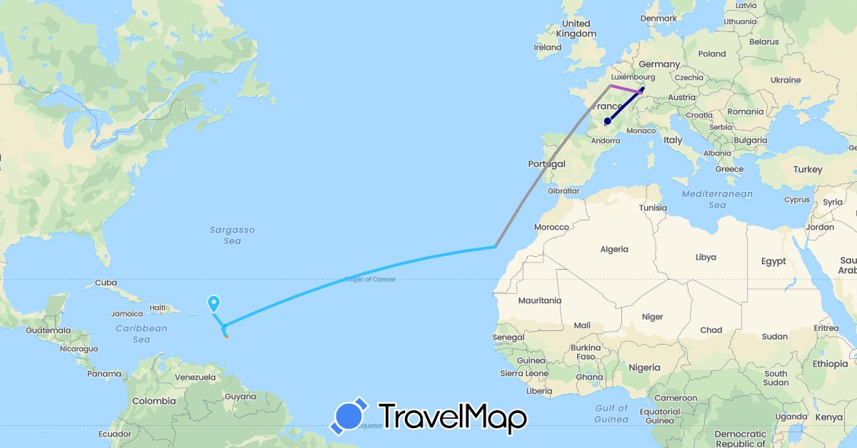 TravelMap itinerary: driving, bus, plane, train, boat, hitchhiking in Dominica, Spain, France, Guadeloupe, Martinique (Europe, North America)